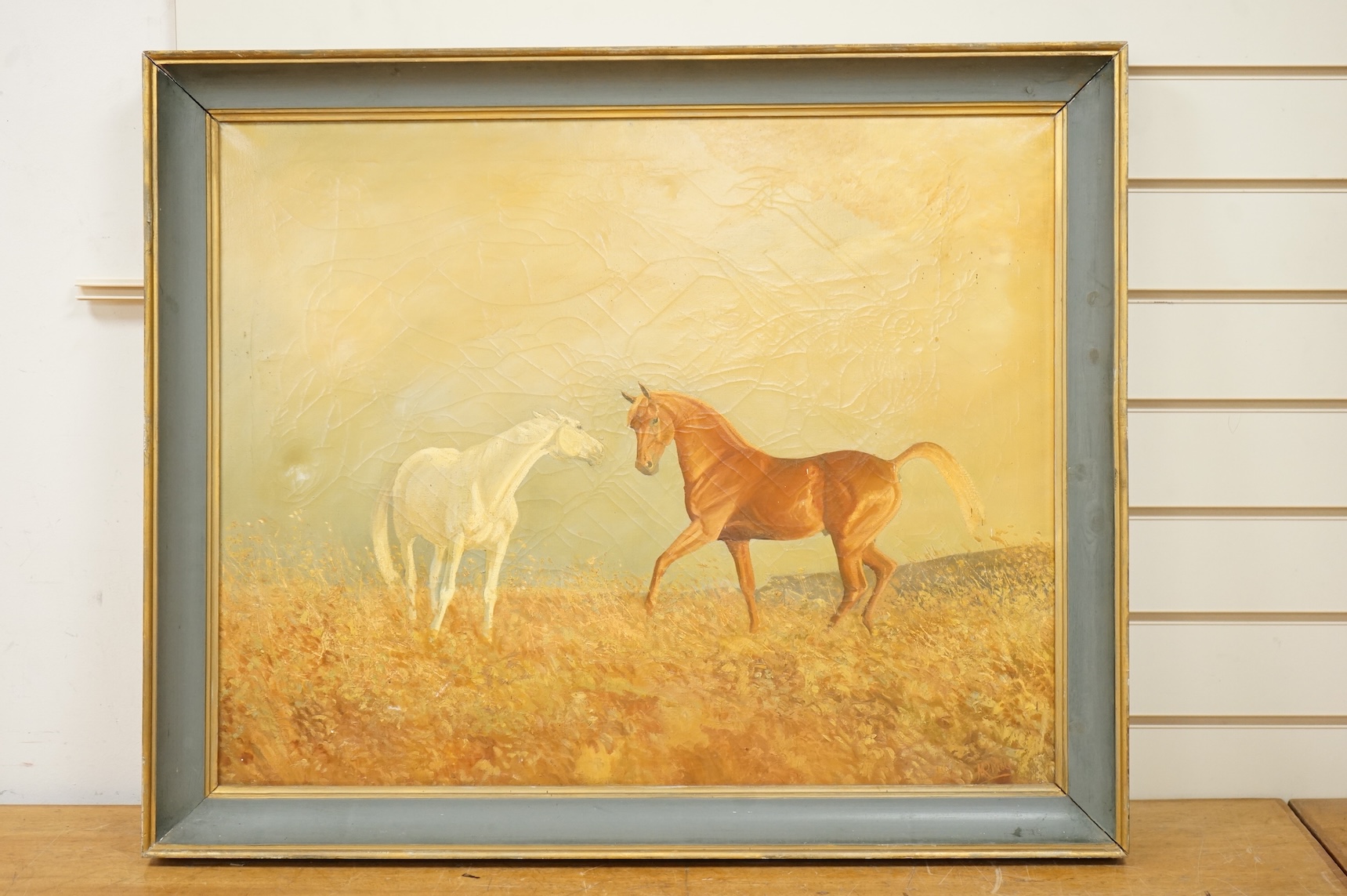 M.R. Mole, Horses grazing, one signed, pair of oils on canvas, 59 x 74cm